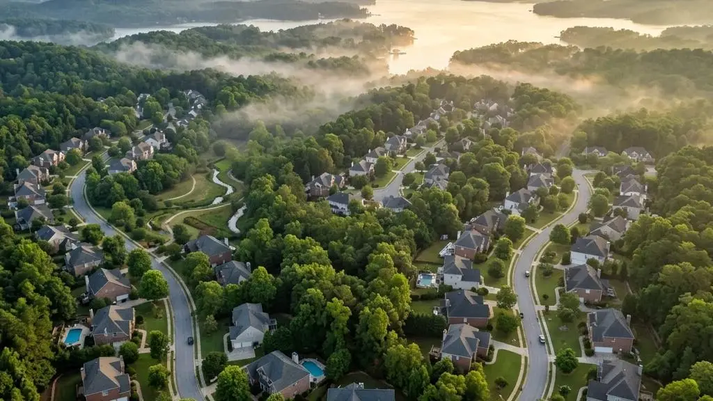 Aerial view of a leafy north Georgia neighborhood with winding streets and a lake in the distance at early morning