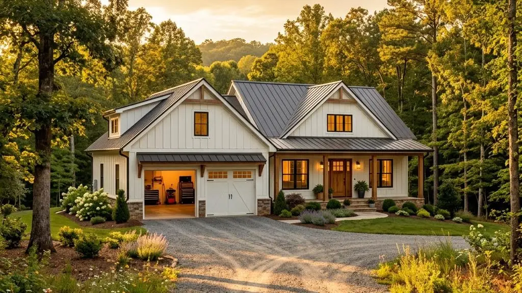 Modern farmhouse at golden hour with a white garage door half open and warm light inside