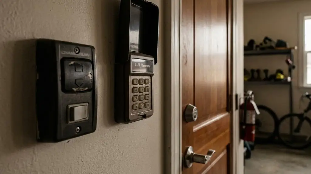 Garage door wall control button and keypad beside an interior door in a tidy garage