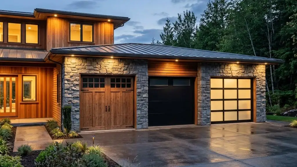 Stone and cedar home with three garage doors in different finishes at dusk
