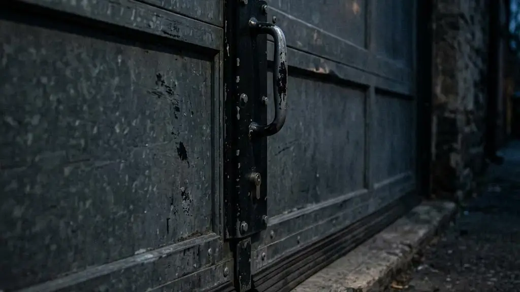 Closed dark steel garage door with a sturdy lock handle in dim evening light