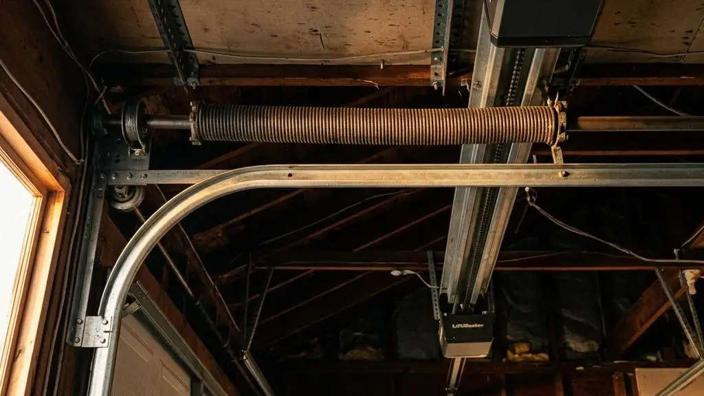 Garage door torsion spring, steel track and opener rail inside a residential garage in warm side light