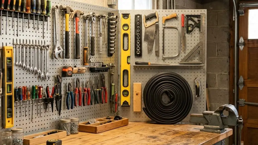 Organized garage workbench wall with hand tools, a level and a roll of door weather seal
