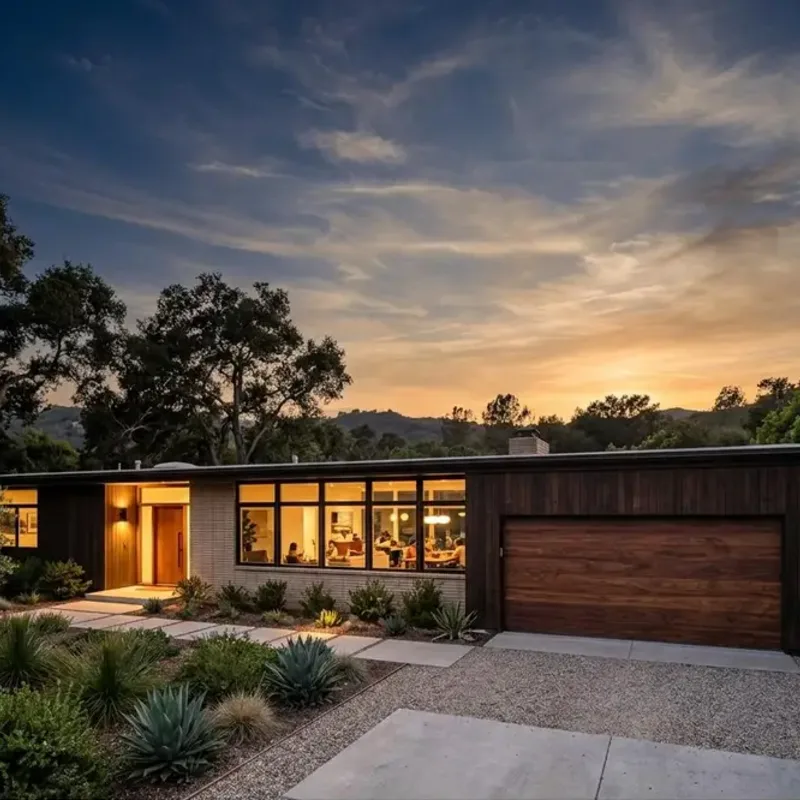 Mid century ranch home with a walnut wood look flush garage door and a row of horizontal windows at dusk