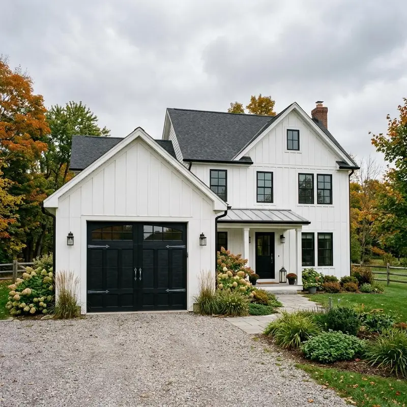 White modern farmhouse with a black carriage house garage door, arched windows and strap hardware