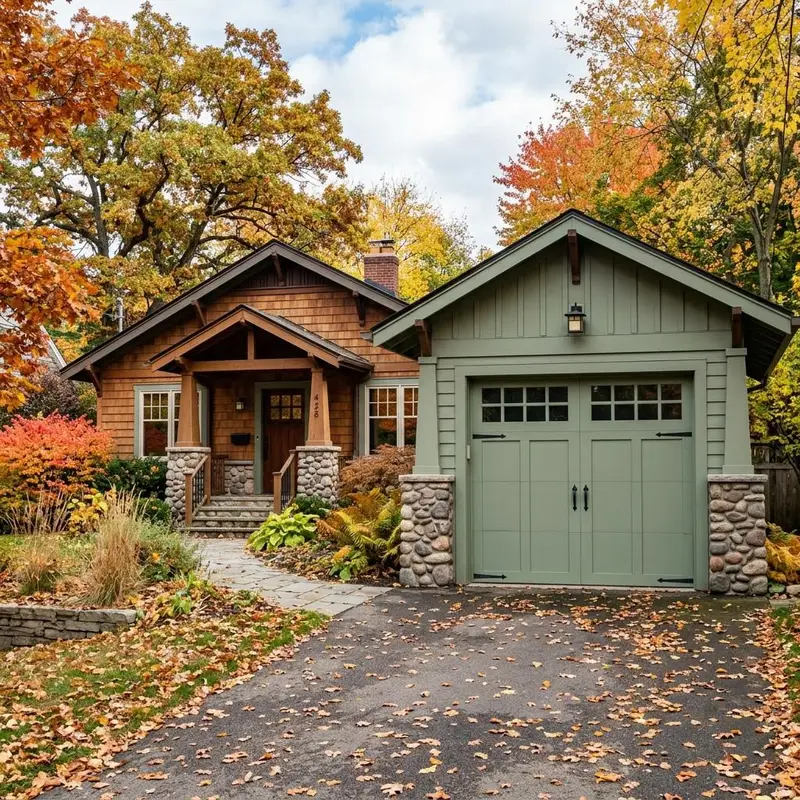 Craftsman bungalow with a sage green garage door, square top windows and stone pillars in autumn