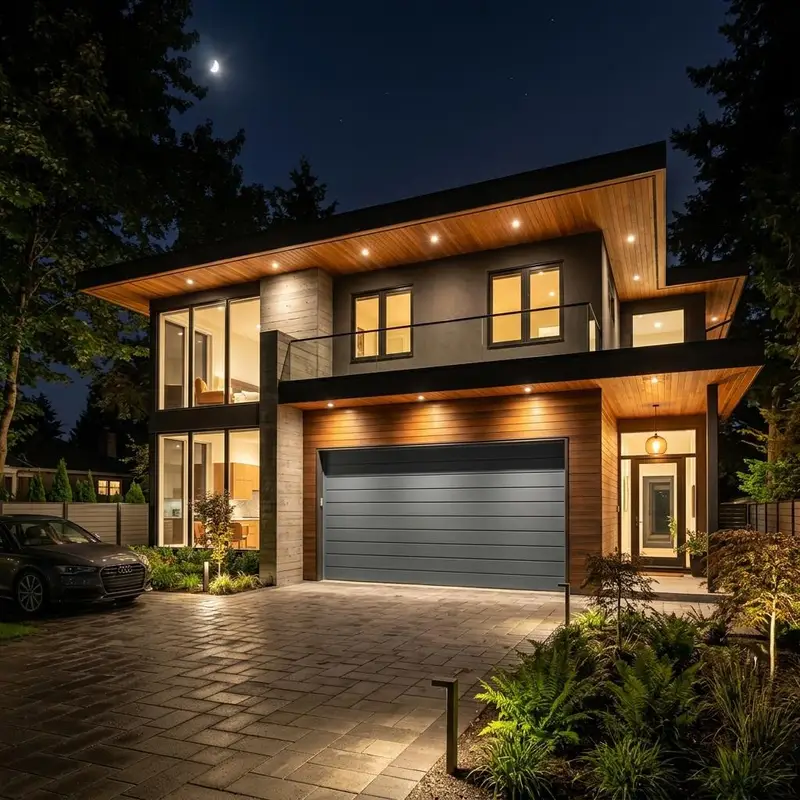 Contemporary home with a slate gray long panel garage door under a warm cedar soffit at night