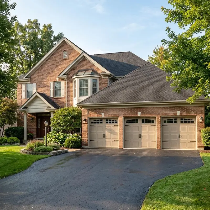Traditional brick home with three raised panel garage doors with window inserts in morning sun