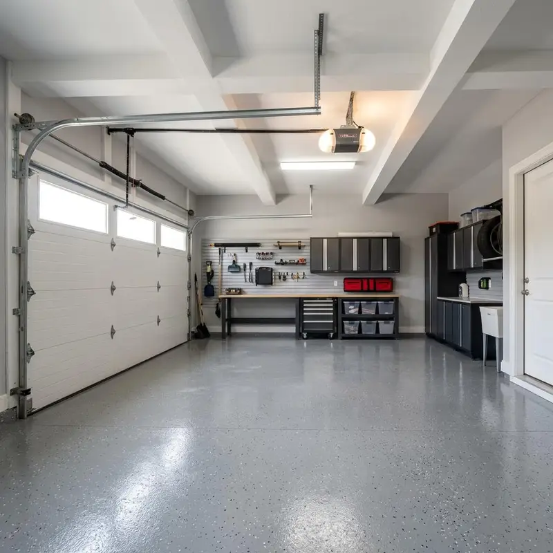 Bright garage interior with a closed white insulated garage door and an overhead opener with its light on