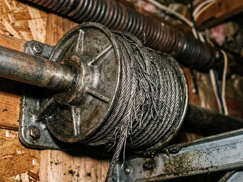 Frayed garage door lift cable wrapped on a cable drum at the end of a torsion shaft