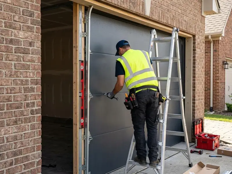 New insulated garage door sections being assembled inside the opening of a brick home