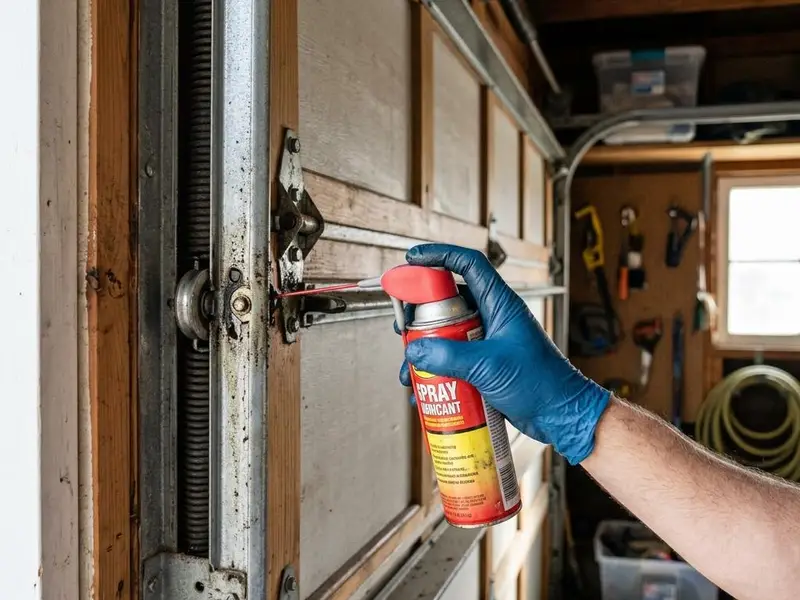 Gloved hand applying lubricant to garage door hinges and rollers in morning light