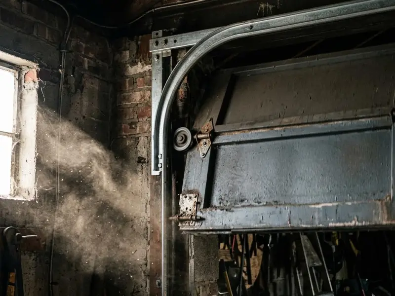 Upper corner of a moving garage door with hinges, rollers and track lit by a dusty beam of light