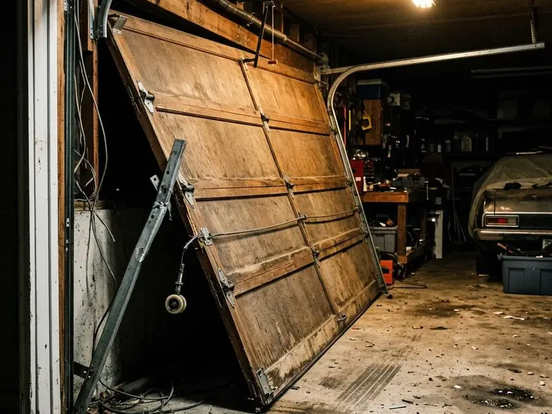 Garage door hanging crooked with one roller popped out of its track inside a garage
