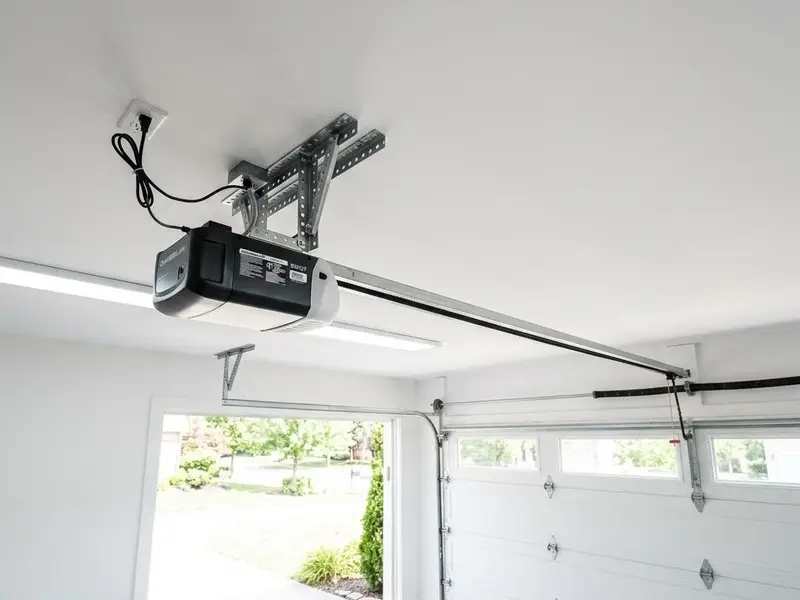 Newly mounted belt drive garage door opener and rail on a clean white garage ceiling