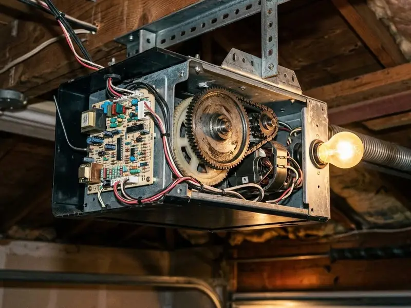 Ceiling mounted garage door opener with its cover removed showing gears and the circuit board