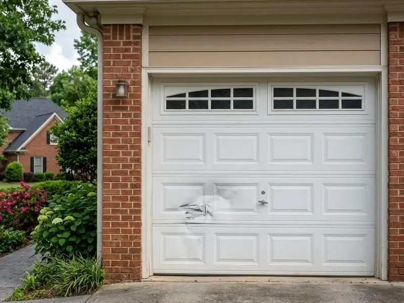 White raised panel steel garage door with one dented lower section on a suburban home