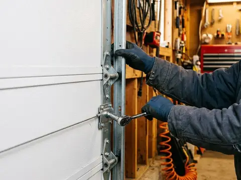 Gloved hands tightening a hinge on a white sectional garage door with a socket wrench