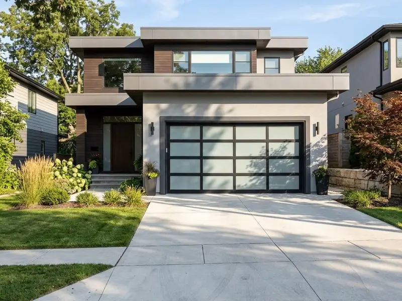 Contemporary home with a new black aluminum and frosted glass garage door in afternoon light