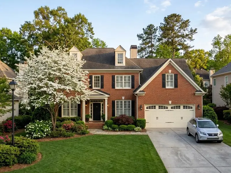Red brick colonial home with a double wide cream carriage style garage door and a green lawn