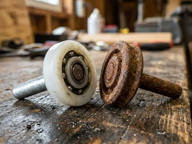 New nylon ball bearing garage door roller beside an old rusty steel roller on a workbench