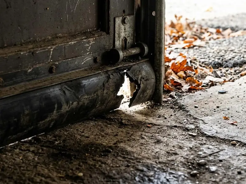 Ground level view of a worn garage door bottom seal with daylight leaking under the door