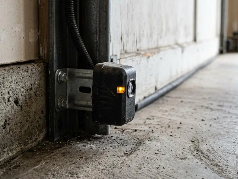 Garage door photo eye safety sensor mounted low on the track with a small glowing indicator light
