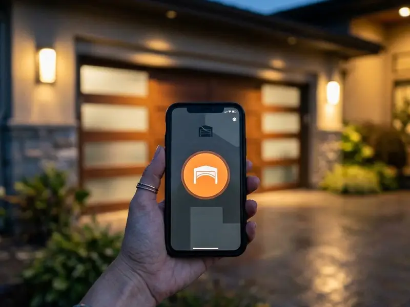 Hand holding a smartphone with a garage door control app in front of a modern garage at dusk