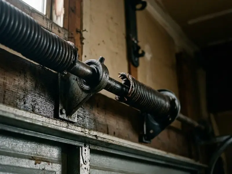 Close view of a garage door torsion spring on a steel shaft with a visible break in the coil