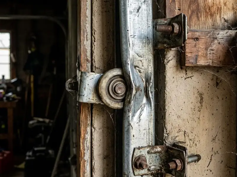 Vertical steel garage door track with a dented section beside a roller and bracket bolts